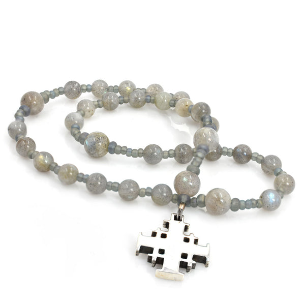 33-Bead Prayer Beads made with gray labradorite stones showing blue flashes, finished with a sterling silver Jerusalem cross.